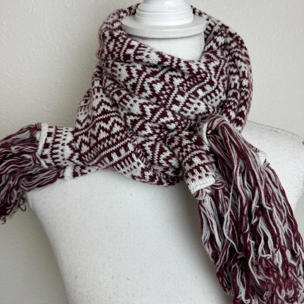 Long Scarf Nordic Style Burgundy ( Wine ) & White Fringe